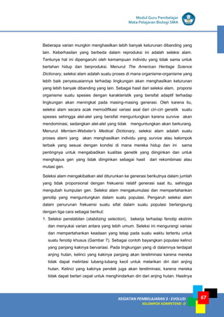 KEGIATAN PEMBELAJARAN 3 : EVOLUSI
KELOMPOK KOMPETENSI D
Modul Guru Pembelajar
Mata Pelajaran Biologi SMA
67
Beberapa varian mungkin menghasilkan lebih banyak keturunan dibanding yang
lain. Keberhasilan yang berbeda dalam reproduksi ini adalah seleksi alam.
Tentunya hal ini dipengaruhi oleh kemampuan individu yang tidak sama untuk
bertahan hidup dan berproduksi. Menurut The American Heritage Science
Dictionary, seleksi alam adalah suatu proses di mana organisme-organisme yang
lebih baik penyesuaiannya terhadap lingkungan akan menghasilkan keturunan
yang lebih banyak dibanding yang lain. Sebagai hasil dari seleksi alam, proporsi
organisme suatu spesies dengan karakteristik yang bersifat adaptif terhadap
lingkungan akan meningkat pada masing-masing generasi. Oleh karena itu,
seleksi alam secara acak memodifikasi variasi asal dari ciri-ciri genetik suatu
spesies sehingga alel-alel yang bersifat menguntungkan karena survive akan
mendominasi, sedangkan alel-alel yang tidak menguntungkan akan berkurang.
Menurut Merriam-Webster’s Medical Dictionary, seleksi alam adalah suatu
proses alami yang akan menghasilkan individu yang survive atau kelompok
terbaik yang sesuai dengan kondisi di mana mereka hidup dan ini sama
pentingnya untuk mengabadikan kualitas genetik yang diinginkan dan untuk
menghapus gen yang tidak diinginkan sebagai hasil dari rekombinasi atau
mutasi gen.
Seleksi alam mengakibatkan alel diturunkan ke generasi berikutnya dalam jumlah
yang tidak proporsional dengan frekuensi relatif generasi saat itu, sehingga
mengubah kumpulan gen. Seleksi alam mengakumulasi dan mempertahankan
genotip yang menguntungkan dalam suatu populasi. Pengaruh seleksi alam
dalam penurunan frekuensi suatu sifat dalam suatu populasi berlangsung
dengan tiga cara sebagai berikut:
1. Seleksi penstabilan (stabilizing selection), bekerja terhadap fenotip ekstrim
dan menyukai varian antara yang lebih umum. Seleksi ini mengurangi variasi
dan mempertahankan keadaan yang tetap pada suatu waktu tertentu untuk
suatu fenotip khusus (Gambar 7). Sebagai contoh bayangkan populasi kelinci
yang panjang kakinya bervariasi. Pada lingkungan yang di dalamnya terdapat
anjing hutan, kelinci yang kakinya panjang akan tereliminasi karena mereka
tidak dapat melintasi lubang-lubang kecil untuk melarikan diri dari anjing
hutan. Kelinci yang kakinya pendek juga akan tereliminasi, karena mereka
tidak dapat berlari cepat untuk menghindarkan diri dari anjing hutan. Hasilnya
 