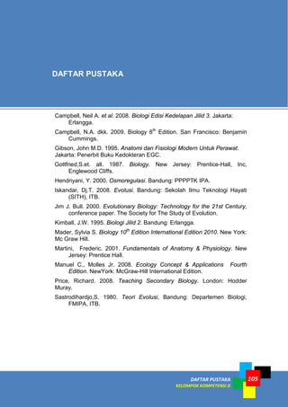DAFTAR PUSTAKA
KELOMPOK KOMPETENSI D
105
Campbell, Neil A. et al. 2008. Biologi Edisi Kedelapan Jilid 3. Jakarta:
Erlangga.
Campbell, N.A. dkk. 2009. Biology 8th
Edition. San Francisco: Benjamin
Cummings.
Gibson, John M.D. 1995. Anatomi dan Fisiologi Modern Untuk Perawat.
Jakarta: Penerbit Buku Kedokteran EGC.
Gottfried,S.et. all. 1987. Biology. New Jersey: Prentice-Hall, Inc,
Englewood Cliffs.
Hendriyani, Y. 2000. Osmoregulasi. Bandung: PPPPTK IPA.
Iskandar, Dj.T. 2008. Evolusi. Bandung: Sekolah Ilmu Teknologi Hayati
(SITH), ITB.
Jim J. Bull. 2000. Evolutionary Biology: Technology for the 21st Century,
conference paper. The Society for The Study of Evolution.
Kimball, J.W. 1995. Biologi Jilid 2. Bandung: Erlangga.
Mader, Sylvia S. Biology 10th
Edition International Edition 2010. New York:
Mc Graw Hill.
Martini, Frederic. 2001. Fundamentals of Anatomy & Physiology. New
Jersey: Prentice Hall.
Manuel C., Molles Jr. 2008. Ecology Concept & Applications Fourth
Edition. NewYork: McGraw-Hill International Edition.
Price, Richard. 2008. Teaching Secondary Biology. London: Hodder
Muray.
Sastrodihardjo,S. 1980. Teori Evolusi, Bandung: Departemen Biologi,
FMIPA, ITB.
DAFTAR PUSTAKA
 