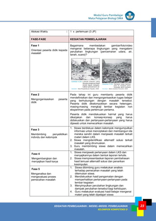 LISTRIK untuk SMP
KEGIATAN PEMBELAJARAN : MODEL-MODEL PEMBELAJARAN
KELOMPOK KOMPETENSI D
Modul Guru Pembelajar
Mata Pelajaran Biologi SMA
23
Alokasi Waktu : 1 x pertemuan (3 JP)
FASE-FASE KEGIATAN PEMBELAJARAN
Fase 1
Orientasi peserta didik kepada
masalah
Bagaimana membedakan gambar/foto/video
mengenai beberapa lingkungan yang mengalami
perubahan lingkungan (pencemaran udara, air,
tanah, suara)?
Fase 2
Mengorganisasikan peserta
didik
Pada tahap ini guru membantu peserta didik
mendefinisikan dan mengorganisasikan tugas belajar
yang berhubungan dengan masalah tersebut.
Peserta didik dikelompokkan secara heterogen,
masing-masing mengkaji lembar kegiatan non
eksperimen pada pertemuan pertama.
Peserta didik mendiskusikan hal-hal yang harus
dikerjakan dan konsep-konsep yang harus
didiskusikan dan pertanyaan-pertanyaan yang harus
dijawab untuk memecahkan masalah.
Fase 3
Membimbing penyelidikan
individu dan kelompok
1. Siswa berdiskusi dalam kelompok mengumpulkan
informasi untuk menciptakan dan membangun ide
mereka sendiri dalam menjawab masalah terkait
materi dalam LKS.
2. Siswa mengidentifikasi alternatif solusi terkait
masalah yang dirumuskan.
3. Guru membimbing siswa dalam memecahkan
masalah.
Fase 4
Mengembangkan dan
menyajikan hasil karya
1. Siswa menjawab pertanyaan dalam LKS dan
menyajikannya dalam bentuk laporan tertulis.
2. Siswa mempresentasikan laporan pembahasan
hasil temuan alternatif solusi dan penarikan
kesimpulan.
Fase 5
Menganalisa dan
mengevaluasi proses
pemecahan masalah
1. Siswa dibimbing guru melakukan analisis
terhadap pemecahan masalah yang telah
ditemukan siswa.
2. Mendiskusikan hasil pengamatan dengan
memperhatikan pertanyaan-pertanyaan pada
lembar kegiatan
3. Menyimpulkan perubahan lingkungan dan
dampak perubahan tersebut bagi kehidupan.
4. Guru melakukan evaluasi hasil belajar mengenai
materi yang telah dipelajari siswa
 