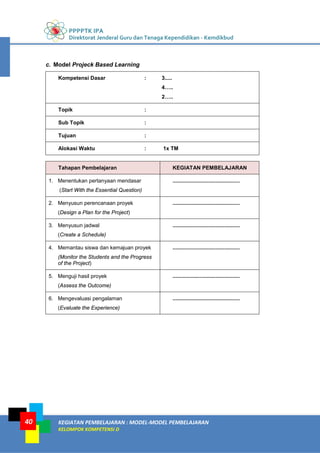 PPPPTK IPA
Direktorat Jenderal Guru dan Tenaga Kependidikan - Kemdikbud
KEGIATAN PEMBELAJARAN : MODEL-MODEL PEMBELAJARAN
KELOMPOK KOMPETENSI D
40
c. Model Projeck Based Learning
Kompetensi Dasar : 3.....
4…..
2…..
Topik :
Sub Topik :
Tujuan :
Alokasi Waktu : 1x TM
Tahapan Pembelajaran KEGIATAN PEMBELAJARAN
1. Menentukan pertanyaan mendasar
(Start With the Essential Question)
.............................................
2. Menyusun perencanaan proyek
(Design a Plan for the Project)
.............................................
3. Menyusun jadwal
(Create a Schedule)
.............................................
4. Memantau siswa dan kemajuan proyek
(Monitor the Students and the Progress
of the Project)
.............................................
5. Menguji hasil proyek
(Assess the Outcome)
.............................................
6. Mengevaluasi pengalaman
(Evaluate the Experience)
.............................................
 