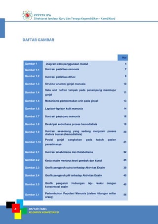 PPPPTK IPA
Direktorat Jenderal Guru dan Tenaga Kependidikan - Kemdikbud
DAFTAR TABEL
KELOMPOK KOMPETENSI D
x
Hal
Gambar 1 Diagram cara penggunaan modul 4
Gambar 1.1 Ilustrasi peristiwa osmosis 7
Gambar 1.2 Ilustrasi peristiwa difusi 8
Gambar 1.3 Struktur anatomi ginjal manusia 10
Gambar 1.4
Satu unit nefron tampak pada penampang membujur
ginjal
11
Gambar 1.5 Mekanisme pembentukan urin pada ginjal 13
Gambar 1.6 Lapisan-lapisan kulit manusia 14
Gambar 1.7 Ilustrasi paru-paru manusia 16
Gambar 1.8 Deskripsi sederhana proses hemodialisis 18
Gambar 1.9 Ilustrasi seseorang yang sedang menjalani proses
dialisis buatan (hemodialisis)
20
Gambar 1.10
Posisi ginjal cangkokan pada tubuh pasien
penerimanya
21
Gambar 2.1 Ilustrasi Anabolisme dan Katabolisme 32
Gambar 2.2 Kerja enzim menurut teori gembok dan kunci 35
Gambar 2.3 Grafik pengaruh suhu terhadap Aktivitas Enzim 39
Gambar 2.4 Grafik pengaruh pH terhadap Aktivitas Enzim 40
Gambar 2.5 Grafik pengaruh Hubungan laju reaksi dengan
konsentrasi enzim
40
Gambar 3.1 Pertumbuhan Populasi Manusia (dalam hitungan miliar
orang)
56
DAFTAR GAMBAR
 