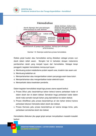 PPPPTK IPA
Direktorat Jenderal Guru dan Tenaga Kependidikan - Kemdikbud
KEGIATAN PEMBELAJARAN 1: SISTEM EKSRESI MANUSIA
KELOMPOK KOMPETENSI D
18
Gambar 1.8. Deskripsi sederhana proses hemodialisis
Dialisis ginjal buatan atau hemodialisis sering dikatakan sebagai proses cuci
darah dalam istilah awam. Mungkin hal ini berkaitan dengan mekanisme
pembersihan darah yang menjadi tujuan dari hemodialisis. Sebagai terapi
pengganti, kegiatan hemodialisis mempunyai tujuan :
a. Membuang produk metabolisme protein seperti urea, kreatinin dan asam urat
b. Membuang kelebihan air.
c. Mempertahankan atau mengembalikan sistem penyangga asam basa tubuh.
d. Mempertahankan atau mengembalikan kadar elektrolit tubuh.
e. Memperbaiki status kesehatan penderita.
Dalam kegiatan hemodialisis terjadi tiga proses utama seperti berikut:
a. Proses Difusi yaitu berpindahnya bahan terlarut karena perbedaan kadar di
dalam darah dan di dalam dialisat. Semakian tinggi perbedaan kadar dalam
darah maka semakin banyak bahan yang dipindahkan ke dalam dialisat.
b. Proses Ultrafiltrasi yaitu proses berpindahnya air dan bahan terlarut karena
perbedaan tekanan hidrostatis dalam darah dan dialisat.
c. Proses Osmosis yaitu proses berpindahnya air karena tenaga kimia, yaitu
perbedaan osmolaritas darah dan dialisat.
Hemodialisis dilakukan jika gagal ginjal sampai menyebabkan masalah-masalah
berikut:
 