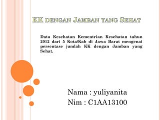 Data Kesehatan Kementrian Kesehatan tahun
2012 dari 5 Kota/Kab di Jawa Barat mengenai
persentase jumlah KK dengan Jamban yang
Sehat.
Nama : yuliyanita
Nim : C1AA13100
 