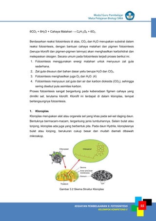 LISTRIK untuk SMP
KEGIATAN PEMBELAJARAN 3: FOTOSINTESIS
KELOMPOK KOMPETENSI E
Modul Guru Pembelajar
Mata Pelajaran Biologi SMA
55
6CO2 + 6H2O + Cahaya Matahari → C6H12O6 + 6O2.
Berdasarkan reaksi fotosintesis di atas, CO2 dan H2O merupakan substrat dalam
reaksi fotosintesis, dengan bantuan cahaya matahari dan pigmen fotosintesis
(berupa klorofil dan pigmen-pigmen lainnya) akan menghasilkan karbohidrat dan
melepaskan oksigen. Secara umum pada fotosintesis terjadi proses berikut ini.
1. Fotosintesis menggunakan energi matahari untuk menyusun zat gula
sederhana.
2. Zat gula disusun dari bahan dasar yaitu berupa H2O dan CO2.
3. Fotosintesis menghasilkan juga O2 dan H2O. (4)
4. Fotosintesis menyusun zat gula dari air dan karbon dioksida (CO2), sehingga
sering disebut pula asimilasi karbon.
Proses fotosintesis sangat bergantung pada keberadaan figmen cahaya yang
dimiliki sel, terutama klorofil. Klorofil ini terdapat di dalam kloroplas, tempat
berlangsungnya fotosintesis.
1. Kloroplas
Kloroplas merupakan alat atau organela sel yang khas pada sel-sel daging daun.
Bentuknya bermacam-macam, tergantuing jenis tumbuhannya. Selain bulat atau
lonjong, kloroplas ada juga yang berbentuk pita. Pada daun Hydrila, kloroplasnya
bulat atau lonjong, berukuran cukup besar dan mudah diamati dibawah
mikroskop.
Gambar 3.2 Skema Struktur Kloroplas
 