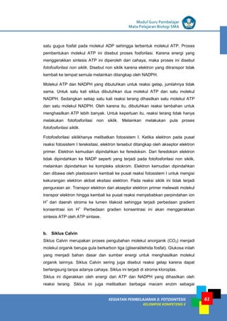 LISTRIK untuk SMP
KEGIATAN PEMBELAJARAN 3: FOTOSINTESIS
KELOMPOK KOMPETENSI E
Modul Guru Pembelajar
Mata Pelajaran Biologi SMA
61
satu gugus fosfat pada molekul ADP sehingga terbentuk molekul ATP. Proses
pembentukan molekul ATP ini disebut proses fosforilasi. Karena energi yang
menggerakkan sintesis ATP ini diperoleh dari cahaya, maka proses ini disebut
fotofosforilasi non siklik. Disebut non siklik karena elektron yang ditranspor tidak
kembali ke tempat semula melainkan ditangkap oleh NADPH.
Molekul ATP dan NADPH yang dibutuhkan untuk reaksi gelap, jumlahnya tidak
sama. Untuk satu kali siklus dibutuhkan dua molekul ATP dan satu molekul
NADPH. Sedangkan setiap satu kali reaksi terang dihasilkan satu molekul ATP
dan satu molekul NADPH. Oleh karena itu, dibutuhkan reaksi tambahan untuk
menghasilkan ATP lebih banyak. Untuk keperluan itu, reaksi terang tidak hanya
melakukan fotofosforilasi non siklik. Melainkan melakukan pula proses
fotofosforilasi siklik.
Fotofosforilasi siklikhanya melibatkan fotosistem I. Ketika elektron pada pusat
reaksi fotosistem I tereksitasi, elektron tersebut ditangkap oleh akseptor elektron
primer. Elektron kemudian dipindahkan ke feredoksin. Dari feredoksin elektron
tidak dipindahkan ke NADP seperti yang terjadi pada fotofosforilasi non siklik,
melainkan dipindahkan ke kompleks sitokrom. Elektron kemudian dipindahkan
dan dibawa oleh plastosianin kembali ke pusat reaksi fotosistem I untuk mengisi
kekurangan elektron akibat eksitasi elektron. Pada reaksi siklik ini tidak terjadi
penguraian air. Transpor elektron dari akseptor elektron primer melewati molekul
transpor elektron hingga kembali ke pusat reaksi menyebabkan perpindahan ion
H+
dari daerah stroma ke lumen tilakoid sehingga terjadi perbedaan gradient
konsentrasi ion H+.
Perbedaan gradien konsentrasi ini akan menggerakkan
sintesis ATP oleh ATP sintase.
b. Siklus Calvin
Siklus Calvin merupakan proses pengubahan molekul anorganik (CO2) menjadi
molekul organik berupa gula berkarbon tiga (gliseraldehida fosfat). Glukosa inilah
yang menjadi bahan dasar dan sumber energi untuk menghasilkan molekul
organik lainnya. Siklus Calvin sering juga disebut reaksi gelap karena dapat
berlangsung tanpa adanya cahaya. Siklus ini terjadi di stroma kloroplas.
Siklus ini digerakkan oleh energi dari ATP dan NADPH yang dihasilkan oleh
reaksi terang. Siklus ini juga melibatkan berbagai macam enzim sebagai
 