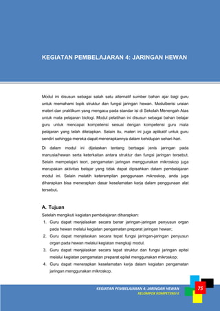 KEGIATAN PEMBELAJARAN 4: JARINGAN HEWAN
KELOMPOK KOMPETENSI E
75
Modul ini disusun sebagai salah satu alternatif sumber bahan ajar bagi guru
untuk memahami topik struktur dan fungsi jaringan hewan. Modulberisi uraian
materi dan praktikum yang mengacu pada standar isi di Sekolah Menengah Atas
untuk mata pelajaran biologi. Modul pelatihan ini disusun sebagai bahan belajar
guru untuk mencapai kompetensi sesuai dengan kompetensi guru mata
pelajaran yang telah ditetapkan. Selain itu, materi ini juga aplikatif untuk guru
sendiri sehingga mereka dapat menerapkannya dalam kehidupan sehari-hari.
Di dalam modul ini dijelaskan tentang berbagai jenis jaringan pada
manusia/hewan serta keterkaitan antara struktur dan fungsi jaringan tersebut.
Selain mempelajari teori, pengamatan jaringan menggunakan mikroskop juga
merupakan aktivitas belajar yang tidak dapat dipisahkan dalam pembelajaran
modul ini. Selain melatih keterampilan penggunaan mikroskop, anda juga
diharapkan bisa menerapkan dasar keselamatan kerja dalam penggunaan alat
tersebut.
A. Tujuan
Setelah mengikuti kegiatan pembelajaran diharapkan:
1. Guru dapat menjelaskan secara benar jaringan-jaringan penyusun organ
pada hewan melalui kegiatan pengamatan preparat jaringan hewan;
2. Guru dapat menjelaskan secara tepat fungsi jaringan-jaringan penyusun
organ pada hewan melalui kegiatan mengkaji modul.
3. Guru dapat menjelaskan secara tepat struktur dan fungsi jaringan epitel
melalui kegiatan pengamatan preparat epitel menggunakan mikroskop;
4. Guru dapat menerapkan keselamatan kerja dalam kegiatan pengamatan
jaringan menggunakan mikroskop.
KEGIATAN PEMBELAJARAN 4: JARINGAN HEWAN
 