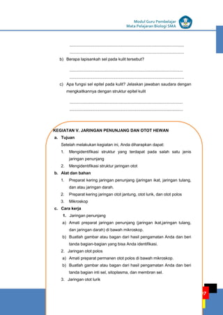 LISTRIK untuk SMP
KEGIATAN PEMBELAJARAN 4: JARINGAN HEWAN
KELOMPOK KOMPETENSI E
Modul Guru Pembelajar
Mata Pelajaran Biologi SMA
97
....................................................................................................
....................................................................................................
b) Berapa lapisankah sel pada kulit tersebut?
...................................................................................................
....................................................................................................
c) Apa fungsi sel epitel pada kulit? Jelaskan jawaban saudara dengan
mengkaitkannya dengan struktur epitel kulit
...................................................................................................
...................................................................................................
KEGIATAN V. JARINGAN PENUNJANG DAN OTOT HEWAN
a. Tujuan
Setelah melakukan kegiatan ini, Anda diharapkan dapat:
1. Mengidentifikasi struktur yang terdapat pada salah satu jenis
jaringan penunjang
2. Mengidentifikasi struktur jaringan otot
b. Alat dan bahan
1. Preparat kering jaringan penunjang (jaringan ikat, jaringan tulang,
dan atau jaringan darah.
2. Preparat kering jaringan otot jantung, otot lurik, dan otot polos
3. Mikroskop
c. Cara kerja
1. Jaringan penunjang
a) Amati preparat jaringan penunjang (jaringan ikat,jaringan tulang,
dan jaringan darah) di bawah mikroskop.
b) Buatlah gambar atau bagan dari hasil pengamatan Anda dan beri
tanda bagian-bagian yang bisa Anda identifikasi.
2. Jaringan otot polos
a) Amati preparat permanen otot polos di bawah mikroskop.
b) Buatlah gambar atau bagan dari hasil pengamatan Anda dan beri
tanda bagian inti sel, sitoplasma, dan membran sel.
3. Jaringan otot lurik
 