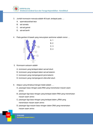 PPPPTK IPA
Direktorat Jenderal Guru dan Tenaga Kependidikan - Kemdikbud
EVALUASI
KELOMPOK KOMPETENSI E
106
3. Jumlah kromosom manusia adalah 46 buah, terdapat pada ….
A. spermatozoid/sel telur
B. sel somatis
C. sel-sel gamet
D. sel-sel benih
4. Pada gambar di bawah yang menunjukan sentromer adalah nomor …
A. 1
B. 2
C. 3
D. 4
5. Kromosom autosom adalah
A. kromosom yang terdapat dalam sel-sel tubuh
B. kromosom yang terdapat dalam sel-sel kelamin
C. kromosom yang mempengaruhi jenis kelamin
D. kromosom yang mempengaruhi sifat-sifat tubuh
6. Adapun yang dimaksud dengan triplet adalah ….
A. pasangan basa nitrogen pada RNA yang menentukan macam asam
amino
B. pasangan tiga basa nitrogen yang terdapat dalam RNA yang menentukan
macam asam amino
C. pasangan tiga basa nitrogen yang terdapat dalam mRNA yang
menentukan macam asam amino
D. pasangan tiga macam basa nitrogen dalam DNA yang menentukan
macam asam amino
 