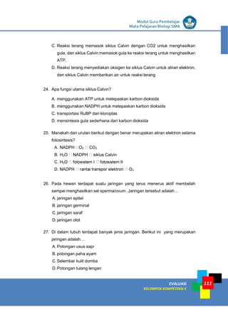 LISTRIK untuk SMP
EVALUASI
KELOMPOK KOMPETENSI E
Modul Guru Pembelajar
Mata Pelajaran Biologi SMA
111
C. Reaksi terang memasok siklus Calvin dengan CO2 untuk menghasilkan
gula, dan siklus Calvin memasok gula ke reaksi terang untuk menghasilkan
ATP.
D. Reaksi terang menyediakan oksigen ke siklus Calvin untuk aliran elektron,
dan siklus Calvin memberikan air untuk reaksi terang
24. Apa fungsi utama siklus Calvin?
A. menggunakan ATP untuk melepaskan karbon dioksida
B. menggunakan NADPH untuk melepaskan karbon dioksida
C. transportasi RuBP dari kloroplas
D. mensintesis gula sederhana dari karbon dioksida
25. Manakah dari urutan berikut dengan benar merupakan aliran elektron selama
fotosintesis?
A. 2 CO2
B. H2 Calvin
C. H2 II
D. O2
26. Pada hewan terdapat suatu jaringan yang terus menerus aktif membelah
sampai menghasilkan sel sperma/ovum. Jaringan tersebut adalah…
A. jaringan epitel
B. jaringan germinal
C.jaringan saraf
D.jaringan otot
27. Di dalam tubuh terdapat banyak jenis jaringan. Berikut ini yang merupakan
jaringan adalah…
A. Potongan usus sapi
B. potongan paha ayam
C.Selembar kulit domba
D.Potongan tulang lengan
 