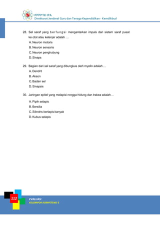 PPPPTK IPA
Direktorat Jenderal Guru dan Tenaga Kependidikan - Kemdikbud
EVALUASI
KELOMPOK KOMPETENSI E
112
28. Sel saraf yang b e r f u n g s i mengantarkan impuls dari sistem saraf pusat
ke otot atau kelenjar adalah …
A. Neuron motoris
B. Neuron sensoris
C.Neuron penghubung
D.Sinaps
29. Bagian dari sel saraf yang dibungkus oleh myelin adalah …
A. Dendrit
B. Akson
C.Badan sel
D.Sinapsis
30. Jaringan epitel yang melapisi rongga hidung dan trakea adalah…
A. Pipih selapis
B. Bersilia
C.Silindris berlapis banyak
D.Kubus selapis
 