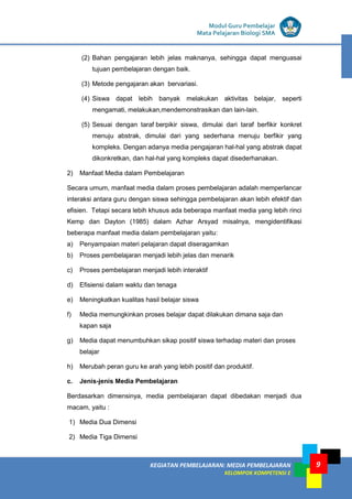 LISTRIK untuk SMP
KEGIATAN PEMBELAJARAN: MEDIA PEMBELAJARAN
KELOMPOK KOMPETENSI E
9
Modul Guru Pembelajar
Mata Pelajaran Biologi SMA
(2) Bahan pengajaran lebih jelas maknanya, sehingga dapat menguasai
tujuan pembelajaran dengan baik.
(3) Metode pengajaran akan bervariasi.
(4) Siswa dapat lebih banyak melakukan aktivitas belajar, seperti
mengamati, melakukan,mendemonstrasikan dan lain-lain.
(5) Sesuai dengan taraf berpikir siswa, dimulai dari taraf berfikir konkret
menuju abstrak, dimulai dari yang sederhana menuju berfikir yang
kompleks. Dengan adanya media pengajaran hal-hal yang abstrak dapat
dikonkretkan, dan hal-hal yang kompleks dapat disederhanakan.
2) Manfaat Media dalam Pembelajaran
Secara umum, manfaat media dalam proses pembelajaran adalah memperlancar
interaksi antara guru dengan siswa sehingga pembelajaran akan lebih efektif dan
efisien. Tetapi secara lebih khusus ada beberapa manfaat media yang lebih rinci
Kemp dan Dayton (1985) dalam Azhar Arsyad misalnya, mengidentifikasi
beberapa manfaat media dalam pembelajaran yaitu:
a) Penyampaian materi pelajaran dapat diseragamkan
b) Proses pembelajaran menjadi lebih jelas dan menarik
c) Proses pembelajaran menjadi lebih interaktif
d) Efisiensi dalam waktu dan tenaga
e) Meningkatkan kualitas hasil belajar siswa
f) Media memungkinkan proses belajar dapat dilakukan dimana saja dan
kapan saja
g) Media dapat menumbuhkan sikap positif siswa terhadap materi dan proses
belajar
h) Merubah peran guru ke arah yang lebih positif dan produktif.
c. Jenis-jenis Media Pembelajaran
Berdasarkan dimensinya, media pembelajaran dapat dibedakan menjadi dua
macam, yaitu :
1) Media Dua Dimensi
2) Media Tiga Dimensi
 