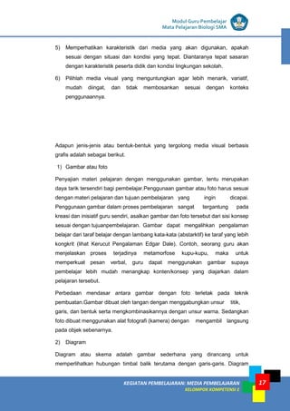 LISTRIK untuk SMP
KEGIATAN PEMBELAJARAN: MEDIA PEMBELAJARAN
KELOMPOK KOMPETENSI E
17
Modul Guru Pembelajar
Mata Pelajaran Biologi SMA
5) Memperhatikan karakteristik dari media yang akan digunakan, apakah
sesuai dengan situasi dan kondisi yang tepat. Diantaranya tepat sasaran
dengan karakteristik peserta didik dan kondisi lingkungan sekolah.
6) Pilihlah media visual yang menguntungkan agar lebih menarik, variatif,
mudah diingat, dan tidak membosankan sesuai dengan konteks
penggunaannya.
Adapun jenis-jenis atau bentuk-bentuk yang tergolong media visual berbasis
grafis adalah sebagai berikut.
1) Gambar atau foto
Penyajian materi pelajaran dengan menggunakan gambar, tentu merupakan
daya tarik tersendiri bagi pembelajar.Penggunaan gambar atau foto harus sesuai
dengan materi pelajaran dan tujuan pembelajaran yang ingin dicapai.
Penggunaan gambar dalam proses pembelajaran sangat tergantung pada
kreasi dan inisiatif guru sendiri, asalkan gambar dan foto tersebut dari sisi konsep
sesuai dengan tujuanpembelajaran. Gambar dapat mengalihkan pengalaman
belajar dari taraf belajar dengan lambang kata-kata (abstarktif) ke taraf yang lebih
kongkrit (lihat Kerucut Pengalaman Edgar Dale). Contoh, seorang guru akan
menjelaskan proses terjadinya metamorfose kupu-kupu, maka untuk
memperkuat pesan verbal, guru dapat menggunakan gambar supaya
pembelajar lebih mudah menangkap konten/konsep yang diajarkan dalam
pelajaran tersebut.
Perbedaan mendasar antara gambar dengan foto terletak pada teknik
pembuatan.Gambar dibuat oleh tangan dengan menggabungkan unsur titik,
garis, dan bentuk serta mengkombinasikannya dengan unsur warna. Sedangkan
foto dibuat menggunakan alat fotografi (kamera) dengan mengambil langsung
pada objek sebenarnya.
2) Diagram
Diagram atau skema adalah gambar sederhana yang dirancang untuk
memperlihatkan hubungan timbal balik terutama dengan garis-garis. Diagram
 