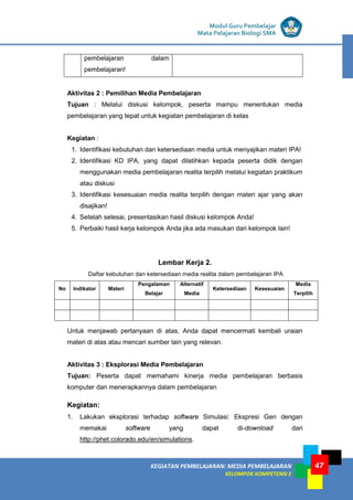 LISTRIK untuk SMP
KEGIATAN PEMBELAJARAN: MEDIA PEMBELAJARAN
KELOMPOK KOMPETENSI E
47
Modul Guru Pembelajar
Mata Pelajaran Biologi SMA
pembelajaran dalam
pembelajaran!
Aktivitas 2 : Pemilihan Media Pembelajaran
Tujuan : Melalui diskusi kelompok, peserta mampu menentukan media
pembelajaran yang tepat untuk kegiatan pembelajaran di kelas
Kegiatan :
1. Identifikasi kebutuhan dan ketersediaan media untuk menyajikan materi IPA!
2. Identifikasi KD IPA, yang dapat dilatihkan kepada peserta didik dengan
menggunakan media pembelajaran realita terpilih melalui kegiatan praktikum
atau diskusi
3. Identifikasi kesesuaian media realita terpilih dengan materi ajar yang akan
disajikan!
4. Setelah selesai, presentasikan hasil diskusi kelompok Anda!
5. Perbaiki hasil kerja kelompok Anda jika ada masukan dari kelompok lain!
Lembar Kerja 2.
Daftar kebutuhan dan ketersediaan media realita dalam pembelajaran IPA
No Indikator Materi
Pengalaman
Belajar
Alternatif
Media
Ketersediaan Kesesuaian
Media
Terpilih
Untuk menjawab pertanyaan di atas, Anda dapat mencermati kembali uraian
materi di atas atau mencari sumber lain yang relevan.
Aktivitas 3 : Eksplorasi Media Pembelajaran
Tujuan: Peserta dapat memahami kinerja media pembelajaran berbasis
komputer dan menerapkannya dalam pembelajaran
Kegiatan:
1. Lakukan eksplorasi terhadap software Simulasi: Ekspresi Gen dengan
memakai software yang dapat di-download dari
http://phet.colorado.edu/en/simulations.
 