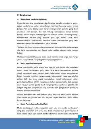 LISTRIK untuk SMP
KEGIATAN PEMBELAJARAN: MEDIA PEMBELAJARAN
KELOMPOK KOMPETENSI E
53
Modul Guru Pembelajar
Mata Pelajaran Biologi SMA
F. Rangkuman
a. Dasar-dasar media pembelajaran
Perkembangan ilmu pengetahuan dan teknologi semakin mendorong upaya-
upaya pembaharuan dalam pemanfaatan hasil-hasil teknologi dalam proses
belajar. Para guru dituntut agar mampu menggunakan alat-alat yang dapat
disediakan oleh sekolah, dan tidak tertutup kemungkinan bahwa alat-alat
tersebut sesuai dengan perkembangan dan tuntutan zaman. Disamping mampu
menggunakan alat-alat yang tersedia, guru juga dituntut untuk dapat
mengembangkan keterampilan membuat media pembelajaran yang akan
digunakannya apabila media tersebut belum tersedia.
Terdapat dua fungsi utama media pembelajaran, pertama media adalah sebagai
alat bantu pembelajaran, dan fungsi kedua adalah sebagai media sumber
belajar.
Media pembelajaran khususnya media visual memiliki empat fungsi yaitu Fungsi
atensi, Fungsi afektif, Fungsi kognitif, Fungsi compensations.
b. Media Pembelajaran Visual
Media pembelajaran visual adalah alat, metode, atau teknik yang digunakan
dalam proses pembelajaran yang dapat dilihat.Media pembelajaran berbasis
visual mempunyai peran penting dalam keberhasilan proses pembelajaran.
Dalam beberapa penelitian menyebebutkan bahwa pesan visual yang dikelola
dengan baik dan benar dapat meningkatkan tingkat kerberhasilan dalam
pembelajaran.Stokes (2002) menjelaskan bahwa gambar/grafis (baik gambar
diam maupun gambar gerak) dapat mempengaruhi pengetahuan peserta didik
dengan tingkatan pengetahuan yang berbeda, baik pengetahuan prosedural
maupun penetahuan deskriptif.
Adapun jenis-jenis atau bentuk-bentuk yang tergolong media visual berbasis
grafis antara lain gambar atau foto, diagram, bagan atau chart, grafik, kartun,
komik, dan poster.
c. Media Pembelajaran Realita (Asli)
Media pembelajaran realita merupakan salah satu jenis media pembelajaran
yang bisa digunakan oleh guru IPA dalam melaksanakan pembelajaran di
kelas.Realita (objek asli) adalah benda sebenarnya dalam bentuk utuh.Benda
 