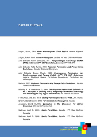 DAFTAR PUSTAKA
KELOMPOK KOMPETENSI E
69
Arsyad, Azhar, 2014. Media Pembelajaran (Edisi Revisi), Jakarta: Rajawali
Pers
Arsyad, Azhar, 2002. Media Pembelajaran, Jakarta: PT Raja Grafindo Persada
Arief Sidharta, Yamin Winduono, 2011. Pengembangan Alat Peraga Praktik
(APP) Sederhana IPA SMP Sederhana, Bandung: PPPPTK IPA
Arief Sidharta, Rella Turella, 2003, Pedoman Pembuatan Alat Peraga Kimia
Sederhana, Jakarta: Direktorat Dikmenum.
Arief Sidharta, Dadan Muslih, 1993. Perancangan, Pembuatan, dan
Pendayagunaan Alat Peraga Praktik (APP) IPA SMP Sederhana,
Jakarta: Direktorat Sarana Pendidikan Departemen Pendidikan dan
Kebudayaan
Darliana, 2003. Pedoman Pembuatan Alat Peraga Fisika Sederhana, Jakarta:
Direktorat Dikmenum
Doering, A., & Veletsianos, G, 2009. Teaching with Instructional Software. In
M. D. Roblyer & A. Doering (Eds.), Integrating Educational Technology
into Teaching (73-108). Upper Saddle River, NJ: Pearson Education.
Fachrurrazi, Aziz, dkk. 2012. Strategi Pembelajaran Bahasa Arab, UIN Jakarta.
Ibrahim, Nana Syaodih, 2003, Perencanaan dan Pengajaran, Jakarta
Jonassen, David H.,1995. Computers in The Classroom 1st edition,
Columbus, OH: Merrill/Prentice-Hall
Sadiman, Arief S., 2007. Media Pendidikan, Jakarta : PT. Raja Grafindo
Persada
Sadiman, Arief S., 2006. Media Pendidikan, Jakarta : PT. Raja Grafindo
Persada
DAFTAR PUSTAKA
 