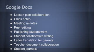 Google Docs
● Lesson plan collaboration
● Class notes
● Meeting minutes
● Peer editing
● Publishing student work
● Student collaborative writing
● Letter translation for parents
● Teacher document collaboration
● Student journals
 