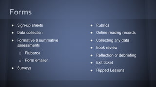 Forms
● Sign-up sheets
● Data collection
● Formative & summative
assessments
o Flubaroo
o Form emailer
● Surveys
● Rubrics
● Online reading records
● Collecting any data
● Book review
● Reflection or debriefing
● Exit ticket
● Flipped Lessons
 