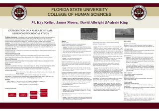FLORIDA STATE UNIVERSITY
COLLEGE OF HUMAN SCIENCES
M. Kay Keller, James Moore, David Albright &Valerie King
Results
Atlas-Ti Families:
ACTORS Demonstrates the diversity of social connections in
Gadsden County as experienced by research subjects.
Exemplar: “The person who went into the migrant Head Start certainly
accomplished her goals in terms of being able to do on site observations,
to do interviews with caregivers about how they crossed as
African-Americans and Hispanics, how they crossed the communication
divide with each other and with children and families.”
AGE Noted differences in experiences of younger research subjects versus
older research subjects.
QUALITATIVE TOOLS Nature of research conducted influenced
experiences of research subjects.
Exemplar: “She gave me an interview herself, I mean accidentally, but
she gave me an interview about her perspective and then told me…to feel
free to work with her staff, set up interviews. Even that was a little bit of a
challenge because sometimes when the boss tells you to do something you
may or may not want to do it. So I had to call two or three times, kind of
build up a rapport with one of her workers, and get an interview scheduled.”
RESEARCH GROUP Notes connections between research subjects as part
DISCUSSION
SIGNIFICANT THEMES
Boundaries,Actors – Social Connections, Emotive & Cognitive
Experiences, Qualitative Tools, Research Group, Serendipitous,Ties
CONTRIBUTIONS
Exploration of the experiences of researchers is applicable across all
disciplines of the scientific community.
Contribution to the literature on the impact of conducting research.
REFLEXIVITY
Problem Statement: This qualitative study explored the experiences of researchers who participated in a
Florida State University Qualitative Parent Study in the Spring of 2007. Researchers in this parents study
conducted interviews and took pictures of Gadsden County. Their sense of “Self” vs. “Other” was challenged
during this parents study and thus the question of “Researchers as Subjects” begged further exploration.
Exemplars – “I had no idea food on my table meant so many people had experiences which contributed towards
that food. I had no real idea of what the people who grow the food and pick the food were exposed to or how their
lives differed from my own.” “I thought I had an idea but after these interviews, I realized my ideas were just faint
superficial notions. Now I bless my food and all of the hands of the people who touched the food before me.”
Literature Review
Research literature gap - Lacked peer reviewed articles discussing what if any impact Qualitative Research has on
researchers themselves.
Theoretical Framework
Social Network Theory stresses the importance of relationships and ties of objects within a network
EXPLORATION OF A RESEARCH TEAM:
A PHENOMENOLOGICAL STUDY
older research subjects.
Exemplar: “I was really intimidated because they
(other research subjects) were a lot younger.”
EMOTIVE EXPERIENCES Codes and code family representative of the
emotive experiences of the research subjects in the parent study. Feelings
experienced by research subjects. Feelings experienced by participants of
the parent study.
Exemplar: “I called it anger because they said they were the most over
researched county in the state but nothing ever happens. So…we really
took that to heart as a group.”
COGNITIVE RESPONSES Cognitions by research subjects of the parent
study indicate reliance upon experience by research subjects over the age
of 35 and lack of experience by research subject under the age of 35.
Research subject extensively discussed undergraduate research experiences.
Exemplars: “But how it’s affected me professionally is I feel like I’ve
come home in that I realize that, you know, my seven years here have been
about research papers and, you know, quantitative stuff and I really don’t
resonate to that the way I do qualitative work.” “Just class experience.
That was actually the first research that I’d been involved in.
Do research papers count?”
BOUNDARIES Latent, Fluid, Social Capital
Exemplar: “I called it anger because they said they were the most over
researched county in the state but nothing ever happens. So…we really
took that to heart as a group.”
MOTIVATION Emotional and cognitive reasons for research subjects to
engage in parent study.
Exemplar: “I hadn’t been to Gadsden County much more than just driving
out through Quincy so…I kind of saw it as an opportunity to get out of my
space a little bit and go see something interesting.”
RESEARCH GROUP Notes connections between research subjects as part
of what research subjects experienced.
Exemplar: “[Researcher E] and I were in another class. But, other than
that, I didn’t know any of the participants. I barely knew
[Researcher B] because she was my new Chair of my dissertation.
TIE Social connections that research subjects made in community.
Demonstrates importance of social connections to research subjects’
Ability to experience the parent study.
Exemplar: “The relationship that I had with [Researcher B] was
extremely valuable because, obviously, they were listening to her and she
could say I’m a professor from Florida State University and we’re doing
this study. And it’s different than being in a class and saying oh I’m a
student in this class. Being the professor is more, you know, it’s a higher
level so they listened to her. And, also, she already had previous contacts
with a principal, the principal at East Gadsden High. So I was able to go
meet with her and talk to her about it.”
SERENDIPITY: How random chance contributed to the success obtaining
interviews which otherwise would not have occurred through the
relationships developed in either the community or the research subjects.
Exemplar:“We did finally get an, actually, I had several interviews. I
mean, I ended up interviewing the Director. I ended up interviewing the
lady that was responsible, I also don’t speak Spanish so the worker was
gonna translate. I ended up interviewing her about her experience. I
ended up interviewing a teacher about, she had grown up, both of
them had grown up as migrant workers so they told me about their
experience about being a migrant worker in Gadsden County.”
REFLEXIVITY
Exemplars: “As I coded I found myself wondering how much
different my codes would be as I am coding an interview in
which I was the interviewer, so this will be interesting. I don’t
know if my codes will be dramatically different from the others
because it is me speaking.”
“During the coding process, I did not even consider cognitive
responses of the research subjects. I wondered if I was digging
deep enough into the research subjects’experiences during the
interviews. While I attempted to dig deeper, I was never sure if
I was successful.”
IMPLICATIONS
Code motivation implied a common bond.
Cognitive experiences
Age of research subjects
Interpersonal boundary shifts between participants and research
subjects of the parent study
CONCLUSIONS
Platform for scientific discourse
Expand ethical concerns to include the researchers conducting
research and
Consideration of opportunities for experienced students to influence
less experienced students (Peer Mentoring).
References:
Barry, ChristineA, Britten, Nicky, Barber, Nick, Bradley, Colin, & Stevenson, Fiona
(1999). Using reflexivity to optimize teamwork in qualitative research. Qualitative Health
Research, 9(1), 26−44.
Readdick, C. A., Alden, M. Q., Clarke, L., Kalifeh, P. C., Keller, M. K., Manes, R., et al.
(2007). National Council on Family Relations Conference Gadsden: Globalization: How
families are faring in rural Gadsden County, Florida. Florida State University.
Social Network Theory stresses the importance of relationships and ties of objects within a network
Social Capital refers to the location of these objects and the ability to utilize resources within their network
Research Question
What were the experiences of Florida State University graduate students conducting an ethnographic research
project in Gadsden County, Florida?
Methods
Quantitative vs. Qualitative -Knowing vs. knowing how, when, why, whether, and for whom (Sandowski, 2004).
Explores the depth and dimension of personal experiences & relationships & dynamics of the team.
•Research team comprised of four people with different disciplinary backgrounds, 2 females & 2 males
•Phenomenological study
Seeks to determine how the world is experienced from the perspective of the actor rather
than the researcher
•Explored the experiences of the Gadsden County researchers through one on one interviews.
•Data analysis - The transcripts were examined using a computerized data system, Atlas-Ti. Open and in vivo
coding were used to develop codes into families and highlighting emerging themes.
Sample
Gender: Female (7/7) Ages: 18-34 (2/7), 35+ (4/7) Education: Undergrad (2/7) Graduate (5/7)
Prior Research Experience: None (1/7), Undergrad (1/7), Graduate (4/7),
Undergrad & Graduate (1/7) and Post Graduate (1/7)
Recruited from Parent Study
Sample
Population = 10
Inclusion/
Exclusion = 0
Enrolled = 8
Participated = 7
Unavailable = 1
Declined = 2
 