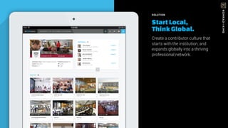 SOLUTION
StartLocal,
ThinkGlobal.
Create a contributor culture that
starts with the institution, and
expands globally into a thriving
professional network.
 