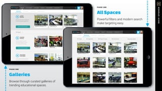 PHASE ONE
Galleries
Browse through curated galleries of
trending educational spaces.
PHASE ONE
AllSpaces
Powerful ﬁlters and modern search
make targeting easy.
 