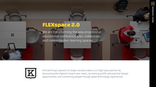 FLEXspace 2.0
We are transforming the way progressive
educational institutions plan, collaborate,
and create modern learning spaces.
Konrad+King’s passion to shape society makes us a high-value partner by
discovering the highest impact user need, uncovering proliﬁc yet practical design
opportunities, and connecting people through great technology experiences.
 