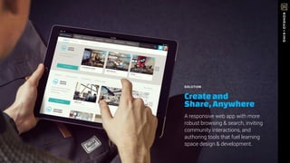 SOLUTION
Createand
Share, Anywhere
A responsive web app with more
robust browsing & search, inviting
community interactions, and
authoring tools that fuel learning
space design & development.
 