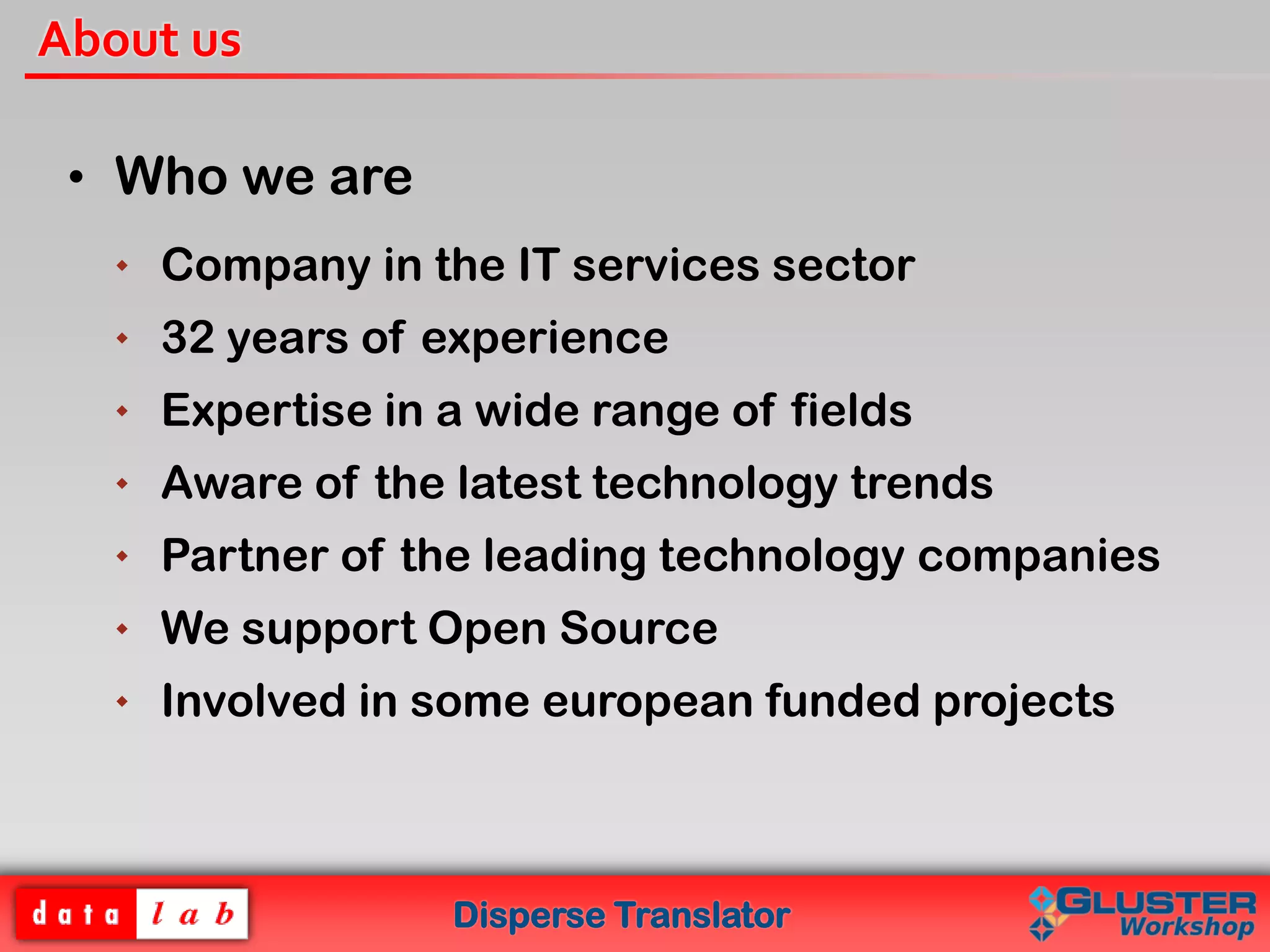Disperse Translator
About us
• Who we are
 Company in the IT services sector
 32 years of experience
 Expertise in a wide range of fields
 Aware of the latest technology trends
 Partner of the leading technology companies
 We support Open Source
 Involved in some european funded projects
 