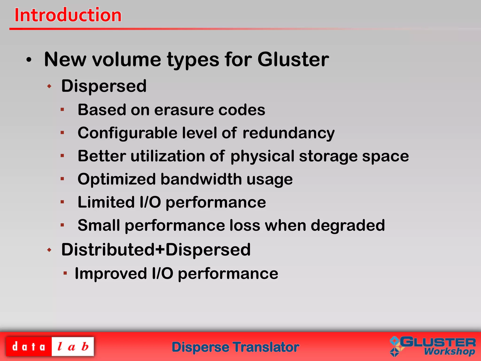 Disperse Translator
Introduction
• New volume types for Gluster
 Dispersed
 Based on erasure codes
 Configurable level of redundancy
 Better utilization of physical storage space
 Optimized bandwidth usage
 Limited I/O performance
 Small performance loss when degraded
 Distributed+Dispersed
 Improved I/O performance
 