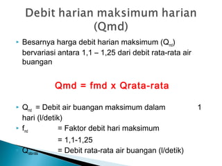  Besarnya harga debit harian maksimum (Qmd)
bervariasi antara 1,1 – 1,25 dari debit rata-rata air
buangan
Qmd = fmd x Qrata-rata
 Qmd = Debit air buangan maksimum dalam 1
hari (l/detik)
 fmd = Faktor debit hari maksimum
= 1,1-1,25
 Qrata-rata = Debit rata-rata air buangan (l/detik)
 