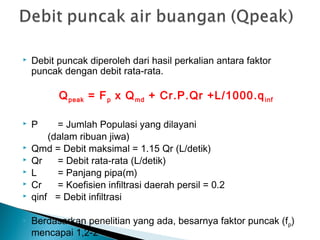  Debit puncak diperoleh dari hasil perkalian antara faktor
puncak dengan debit rata-rata.
Qpeak = Fp x Qmd + Cr.P.Qr +L/1000.qinf
 P = Jumlah Populasi yang dilayani
(dalam ribuan jiwa)
 Qmd = Debit maksimal = 1.15 Qr (L/detik)
 Qr = Debit rata-rata (L/detik)
 L = Panjang pipa(m)
 Cr = Koefisien infiltrasi daerah persil = 0.2
 qinf = Debit infiltrasi
 Berdasarkan penelitian yang ada, besarnya faktor puncak (fp)
mencapai 1,2-2
 