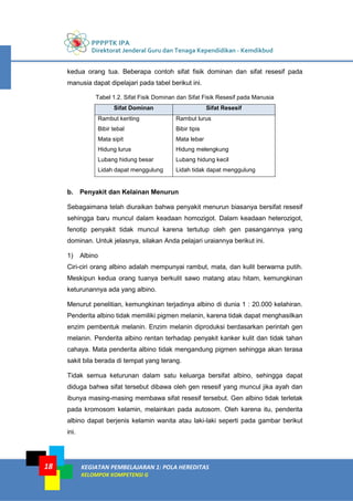 PPPPTK IPA
Direktorat Jenderal Guru dan Tenaga Kependidikan - Kemdikbud
KEGIATAN PEMBELAJARAN 1: POLA HEREDITAS
KELOMPOK KOMPETENSI G
18
kedua orang tua. Beberapa contoh sifat fisik dominan dan sifat resesif pada
manusia dapat dipelajari pada tabel berikut ini.
Tabel 1.2. Sifat Fisik Dominan dan Sifat Fisik Resesif pada Manusia
Sifat Dominan Sifat Resesif
Rambut keriting
Bibir tebal
Mata sipit
Hidung lurus
Lubang hidung besar
Lidah dapat menggulung
Rambut lurus
Bibir tipis
Mata lebar
Hidung melengkung
Lubang hidung kecil
Lidah tidak dapat menggulung
b. Penyakit dan Kelainan Menurun
Sebagaimana telah diuraikan bahwa penyakit menurun biasanya bersifat resesif
sehingga baru muncul dalam keadaan homozigot. Dalam keadaan heterozigot,
fenotip penyakit tidak muncul karena tertutup oleh gen pasangannya yang
dominan. Untuk jelasnya, silakan Anda pelajari uraiannya berikut ini.
1) Albino
Ciri-ciri orang albino adalah mempunyai rambut, mata, dan kulit berwarna putih.
Meskipun kedua orang tuanya berkulit sawo matang atau hitam, kemungkinan
keturunannya ada yang albino.
Menurut penelitian, kemungkinan terjadinya albino di dunia 1 : 20.000 kelahiran.
Penderita albino tidak memiliki pigmen melanin, karena tidak dapat menghasilkan
enzim pembentuk melanin. Enzim melanin diproduksi berdasarkan perintah gen
melanin. Penderita albino rentan terhadap penyakit kanker kulit dan tidak tahan
cahaya. Mata penderita albino tidak mengandung pigmen sehingga akan terasa
sakit bila berada di tempat yang terang.
Tidak semua keturunan dalam satu keluarga bersifat albino, sehingga dapat
diduga bahwa sifat tersebut dibawa oleh gen resesif yang muncul jika ayah dan
ibunya masing-masing membawa sifat resesif tersebut. Gen albino tidak terletak
pada kromosom kelamin, melainkan pada autosom. Oleh karena itu, penderita
albino dapat berjenis kelamin wanita atau laki-laki seperti pada gambar berikut
ini.
 