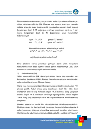 KEGIATAN PEMBELAJARAN 1: POLA HEREDITAS
KELOMPOK KOMPETENSI G
Modul Guru Pembelajar
Mata pelajaran Biologi SMA
23
Untuk menentukan keturunan golongan darah, sering digunakan analisis dengan
sistem gabungan AB0 dan MN. Misalnya, ada seorang anak yang mengaku
sebagai anak dari suatu keluarga untuk mendapatkan warisan. Anak tersebut
bergolongan darah 0, M, sedangkan ayahnya bergolongan darah A, N dan
ibunya bergolongan darah B, M. Bagaimanan untuk menunjukkan
kebenarannya?
Ayah : IA
Io
, LN
LN
gamet IA
LN
dan Io
LN
Ibu : IB
Io
, LM
LM
gamet IB
LM
dan Io
LM
Kemungkinan anaknya adalah sebagai berikut.
IA
IB
LN
LM
; IA
Io
LN
LM
; IB
Io
LN
LM
; atau Io
Io
LN
LM
Jadi, bagaimana kesimpulan Anda?
Perlu diketahui bahwa penentuan golongan darah untuk mengetahui
keturunannya tidak dapat dijamin seratus persen kebenarannya. Jadi, untuk
memastikan kebenarannya diperlukan analisis DNA.
3) Sistem Rhesus (Rh)
Selain sistem AB0 dan MN, dikenal pula sistem rhesus yang ditemukan oleh
Landsteiner dan Weiner (1940). Disebut rhesus karena pertama kali ditemukan
dalam eritrosit kera rhesus (Macaca rhesus).
Orang yang mempunyai antigen Rh di permukaan eritrositnya digolongkan Rh+
(rhesus positif). Tubuh orang yang bergolongan darah Rh+ tidak dapat
membentuk antibodi yang melawan antigen Rh. Sebaliknya, orang yang tidak
memilki antigen Rh di permukaan eritrositnya digolongkan Rh- (rhesus negatif).
Tubuh orang yang bergolongan darah Rh- dapat membentuk antibodi terhadap
antigen Rh.
Misalkan seorang ibu memilki Rh- mengandung bayi bergolongan darah Rh+.
Meskipun darah ibu dan bayi tidak bercampur, karena terhalang plasenta di
dalam kandungan, tetap ada eritrosit bayi yang masuk ke dalam tubuh ibunya.
Oleh karena itu, tubuh ibu membentuk antibodi, yaitu Rh+. Antibodi ini “melawan”
 