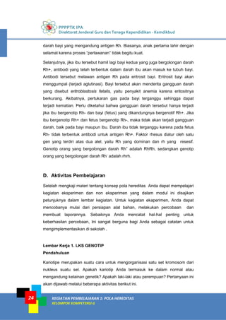 PPPPTK IPA
Direktorat Jenderal Guru dan Tenaga Kependidikan - Kemdikbud
KEGIATAN PEMBELAJARAN 1: POLA HEREDITAS
KELOMPOK KOMPETENSI G
24
darah bayi yang mengandung antigen Rh. Biasanya, anak pertama lahir dengan
selamat karena proses “perlawanan” tidak begitu kuat.
Selanjutnya, jika ibu tersebut hamil lagi bayi kedua yang juga bergolongan darah
Rh+, antibodi yang telah terbentuk dalam darah ibu akan masuk ke tubuh bayi.
Antibodi tersebut melawan antigen Rh pada eritrosit bayi. Eritrosit bayi akan
menggumpal (terjadi aglutinasi). Bayi tersebut akan menderita gangguan darah
yang disebut eritroblastosis fetalis, yaitu penyakit anemia karena eritositnya
berkurang. Akibatnya, pertukaran gas pada bayi terganggu sehingga dapat
terjadi kematian. Perlu diketahui bahwa gangguan darah tersebut hanya terjadi
jika ibu bergenotip Rh- dan bayi (fetus) yang dikandungnya bergenotif Rh+. Jika
ibu bergenotip Rh+ dan fetus bergenotip Rh-, maka tidak akan terjadi gangguan
darah, baik pada bayi maupun ibu. Darah ibu tidak terganggu karena pada fetus
Rh- tidak terbentuk antibodi untuk antigen Rh+. Faktor rhesus diatur oleh satu
gen yang terdiri atas dua alel, yaitu Rh yang dominan dan rh yang resesif.
Genotip orang yang bergolongan darah Rh+
adalah RhRh, sedangkan genotip
orang yang bergolongan darah Rh-
adalah rhrh.
D. Aktivitas Pembelajaran
Setelah mengkaji materi tentang konsep pola hereditas Anda dapat mempelajari
kegiatan eksperimen dan non eksperimen yang dalam modul ini disajikan
petunjuknya dalam lembar kegiatan. Untuk kegiatan ekaperimen, Anda dapat
mencobanya mulai dari persiapan alat bahan, melakukan percobaan dan
membuat laporannya. Sebaiknya Anda mencatat hal-hal penting untuk
keberhasilan percobaan, Ini sangat berguna bagi Anda sebagai catatan untuk
mengimplementasikan di sekolah .
Lembar Kerja 1. LKS GENOTIP
Pendahuluan
Kariotipe merupakan suatu cara untuk mengorganisasi satu set kromosom dari
nukleus suatu sel. Apakah kariotip Anda termasuk ke dalam normal atau
mengandung kelainan genetik? Apakah laki-laki atau perempuan? Pertanyaan ini
akan dijawab melalui beberapa aktivitas berikut ini.
 