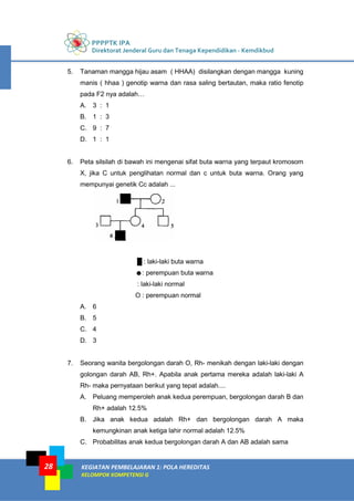 PPPPTK IPA
Direktorat Jenderal Guru dan Tenaga Kependidikan - Kemdikbud
KEGIATAN PEMBELAJARAN 1: POLA HEREDITAS
KELOMPOK KOMPETENSI G
28
5. Tanaman mangga hijau asam ( HHAA) disilangkan dengan mangga kuning
manis ( hhaa ) genotip warna dan rasa saling bertautan, maka ratio fenotip
pada F2 nya adalah…
A. 3 : 1
B. 1 : 3
C. 9 : 7
D. 1 : 1
6. Peta silsilah di bawah ini mengenai sifat buta warna yang terpaut kromosom
X, jika C untuk penglihatan normal dan c untuk buta warna. Orang yang
mempunyai genetik Cc adalah ...
█ : laki-laki buta warna
☻: perempuan buta warna
: laki-laki normal
O : perempuan normal
A. 6
B. 5
C. 4
D. 3
7. Seorang wanita bergolongan darah O, Rh- menikah dengan laki-laki dengan
golongan darah AB, Rh+. Apabila anak pertama mereka adalah laki-laki A
Rh- maka pernyataan berikut yang tepat adalah....
A. Peluang memperoleh anak kedua perempuan, bergolongan darah B dan
Rh+ adalah 12.5%
B. Jika anak kedua adalah Rh+ dan bergolongan darah A maka
kemungkinan anak ketiga lahir normal adalah 12.5%
C. Probabilitas anak kedua bergolongan darah A dan AB adalah sama
 