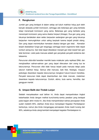 PPPPTK IPA
Direktorat Jenderal Guru dan Tenaga Kependidikan - Kemdikbud
KEGIATAN PEMBELAJARAN 1: POLA HEREDITAS
KELOMPOK KOMPETENSI G
30
F. Rangkuman
Jumlah gen yang terdapat di dalam setiap sel tubuh makhluk hidup jauh lebih
banyak daripada jumlah kromosom, sehingga ada beberapa gen yang berbeda
tetapi menempati kromosom yang sama. Beberapa gen yang berbeda yang
menempati kromosom yang sama disebut terpaut (linkage). Dua gen yang yang
lokusnya berdekatan akan selalu berpautan sedangkan gen-gen yang lokusnya
berjauhan memungkinkan untuk saling berpisah karena terjadi pindah silang.
Gen yang dapat menimbulkan kematian disebut dengan gen letal. . Kematian
terjadi disebabkan fungsi gen terganggu sehingga tubuh organisme tidak dapat
tumbuh sempurna. Gen letal dapat dibedakan menjadi gen letal resesif dan gen
letal dominan. Letal pada manusia adalah gen penyebab penyakit sicklemia dan
talasemia.
Penurunan sifat-sifat herediter memiliki basis molekuler yaitu replikasi DNA, dan
menghasilkan salinan-salinan gen yang dapat diteruskan dari orang tua ke
keturunannya. Penurunan sifat tidak hanya terjadi pada manusia tetapi pada
seluruh makhluk hidup. Semua sifat manusia, baik fisik, fisiologis, maupun
psikologis diwariskan kepada keturunannya mengikuti hukum-hukum hereditas.
Penyakit keturunan tidak dapat disembuhkan dan tidak menular, melainkan
diwariskan kepada keturunannya. Contoh, albino, buta warna, hemofilia, dan
gangguan mental.
G. Umpan Balik dan Tindak Lanjut
Setelah menyelesaikan soal latihan ini, Anda dapat memperkirakan tingkat
keberhasilan Anda dengan melihat kunci/rambu-rambu jawaban yang terdapat
pada bagian akhir modul ini. Jika Anda memperkirakan bahwa pencapaian Anda
sudah melebihi 85%, silahkan Anda terus mempelajari Kegiatan Pembelajaran
berikutnya, namun jika Anda menganggap pencapaian Anda masih kurang dari
85%, sebaiknya Anda ulangi kembali mempelajari kegiatan Pembelajaran ini.
 