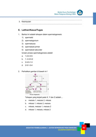 LISTRIK untuk SMP
KEGIATAN PEMBELAJARAN 2 : SISTEM REPRODUKSI PADA MANUSIA
KELOMPOK KOMPETENSI G
Modul Guru Pembelajar
Mata Pelajaran Biologi SMA
61
..........................................................................................................................
3. Kesimpulan
..........................................................................................................................
E. Latihan/Kasus/Tugas
1. Berikut ini adalah tahapan dalam spermatogenesis:
1) spermatid
2) spermatogonium
3) spermatozoa
4) spermatosit primer
5) spermatosit sekunder
Urutan proses spermatogenesis adalah
a. 1-2-4-3-5
b. 1- 4-3-5-2
c. 2-4-5-1-3
d. 2-5-1-3-4
2. Perhatikan gambar di bawah ini !
Tahapan yang terjadi pada X, Y dan Z adalah....
a. meiosis 1, meiosis 2, mitosis
b. mitosis 1, mitosis 2, meiosis
c. mitosis, meiosis 1, meiosis 2
d. mitosis 1, meiosis, mitosis 2
 