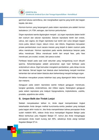 PPPPTK IPA
Direktorat Jenderal Guru dan Tenaga Kependidikan - Kemdikbud
KEGIATAN PEMBELAJARAN 2 : SISTEM REPRODUKSI PADA MANUSIA
KELOMPOK KOMPETENSI G
64
germinal tubulus seminiferus, dan menghasilkan sperma yang terdiri dari bagian
kepala, dan ekor.
Hormon-hormon yang berpengaruh pada sistem reproduksi pria adalah hormon
testosteron, LH, FSH, estrogen, dan hormon pertumbuhan.
Organ reproduksi wanita digolongkan menjadi : (a) organ reproduksi dalam terdiri
dari ovarium dan saluran reproduksi. Saluran reproduksi terdiri dari oviduk,
uterus, dan vagina; (b) Organ reproduksi luar terdiri dari vulva dengan bagian
mons pubis, labium mayor, labium minor, dan klitoris. Oogenesis merupakan
proses pembentukan ovum secara meiosis yang terjadi di dalam ovarium pada
siklus menstruasi. Hormon reproduksi pada wanita diantaranya berpran pada
siklus menstruasi. Siklus menstruasi terdiri dari empat fase, yaitu fase
menstruasi, pra ovulasi, ovulasi, dan pasca ovulasi
Fertilisasi terjadi pada saat oosit sekunder yang mengandung ovum dibuahi
sperma. Kehamilan/getasi adalah penanaman zigot hasil fertilisasi pada
endometrium uterus. Zigot kemudian mengalami pembelahan, yaitu tahap morula
dan blastula. Sel-sel bagian luar blastula akan berkembang menjadi membran
kehamilan dan sel-sel dalam blastula akan berkembang menjadi berbagai organ.
Persalinan merupakan proses kelahiran bayi yang dipengaruhi faktor hormonal
dan mekanis.
Gangguan pada sistem reproduksi wanita meliputi gangguan menstruasi,
kangker genetalia, endometriosis, dan infeksi vagina. Sedangkam gangguan
pada sistem reproduksi pria meliputi hipogonadisme, kriptorkidisme, uratritis,
prostatis, epipidimis dan orkitis.
G. Umpan Balik dan Tindak Lanjut
Setelah menyelesaikan latihan ini, Anda dapat memperkirakan tingkat
keberhasilan Anda dengan melihat kunci/rambu-rambu jawaban yang terdapat
pada bagian akhir modul ini. Jika Anda memperkirakan bahwa pencapaian Anda
sudah melebihi 80%, silakan Anda terus mempelajari Kegiatan Belajar pada
Modul berikutnya yaitu Kegiatan Belajar 07, namun jika Anda menganggap
pencapaian Anda masih kurang dari 80%, sebaiknya Anda ulangi kembali
Kegiatan Belajar 07 ini.
 