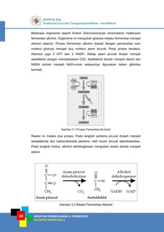 PPPPTK IPA
Direktorat Guru dan Tenaga Kependidikan - Kemdikbud
KEGIATAN PEMBELAJARAN 3: FERMENTASI
KELOMPOK KOMPETENSI G
68
Beberapa organisme seperti khamir (Saccharomyces cereviceace) melakukan
fermentasi alkohol. Organisme ini mengubah glukosa melalui fermentasi menjadi
alkohol (etanol). Proses fermentasi alkohol diawali dengan pemecahan satu
molekul glukosa menjadi dua molekul asam piruvat. Pada proses tersebut,
dibentuk juga 2 ATP dan 2 NADH. Setiap asam piruvat diubah menjadi
asetildehid dengan membebaskan CO2. Asetildehid diubah menjadi etanol dan
NADH diubah menjadi NAD+untuk selanjutnya digunakan dalam glikolisis
kembali.
Gambar 3.1 Proses Fermentasi ALkohol
Reaksi ini melalui dua proses. Pada langkah pertama piruvat diubah menjadi
asetaldehida dan karbondioksida pertama, oleh enzim piruvat dekarboksilase.
Pada langkah kedua, alkohol dehidrogenase mengubah asetal dehida menjadi
etanol.
Gambar 3.2 Reaksi Fermentasi Alkohol
 