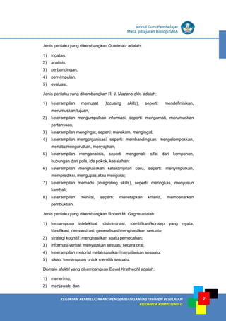 LISTRIK untuk SMA
KEGIATAN PEMBELAJARAN: PENGEMBANGAN INSTRUMEN PENILAIAN
KELOMPOK KOMPETENSI G
Modul Guru Pembelajar
Mata pelajaran Biologi SMA
7
Jenis perilaku yang dikembangkan Quellmalz adalah:
1) ingatan,
2) analisis,
3) perbandingan,
4) penyimpulan,
5) evaluasi.
Jenis perilaku yang dikembangkan R. J. Mazano dkk. adalah:
1) keterampilan memusat (focusing skills), seperti: mendefinisikan,
merumuskan tujuan,
2) keterampilan mengumpulkan informasi, seperti: mengamati, merumuskan
pertanyaan,
3) keterampilan mengingat, seperti: merekam, mengingat,
4) keterampilan mengorganisasi, seperti: membandingkan, mengelompokkan,
menata/mengurutkan, menyajikan;
5) keterampilan menganalisis, seperti mengenali: sifat dari komponen,
hubungan dan pola, ide pokok, kesalahan;
6) keterampilan menghasilkan keterampilan baru, seperti: menyimpulkan,
memprediksi, mengupas atau mengurai;
7) keterampilan memadu (integreting skills), seperti: meringkas, menyusun
kembali;
8) keterampilan menilai, seperti: menetapkan kriteria, membenarkan
pembuktian.
Jenis perilaku yang dikembangkan Robert M. Gagne adalah:
1) kemampuan intelektual: diskriminasi, identifikasi/konsep yang nyata,
klasifikasi, demonstrasi, generalisasi/menghasilkan sesuatu;
2) strategi kognitif: menghasilkan suatu pemecahan;
3) informasi verbal: menyatakan sesuatu secara oral;
4) keterampilan motorist melaksanakan/menjalankan sesuatu;
5) sikap: kemampuan untuk memilih sesuatu.
Domain afektif yang dikembangkan David Krathwohl adalah:
1) menerima;
2) menjawab; dan
 