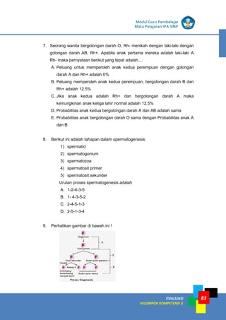LISTRIK untuk SMP
EVALUASI
KELOMPOK KOMPETENSI G
Modul Guru Pembelajar
Mata Pelajaran IPA SMP
83
7. Seorang wanita bergolongan darah O, Rh- menikah dengan laki-laki dengan
golongan darah AB, Rh+. Apabila anak pertama mereka adalah laki-laki A
Rh- maka pernyataan berikut yang tepat adalah....
A. Peluang untuk memperoleh anak kedua perempuan dengan golongan
darah A dan Rh+ adalah 0%
B. Peluang memperoleh anak kedua perempuan, bergolongan darah B dan
Rh+ adalah 12.5%
C. Jika anak kedua adalah Rh+ dan bergolongan darah A maka
kemungkinan anak ketiga lahir normal adalah 12.5%
D. Probabilitas anak kedua bergolongan darah A dan AB adalah sama
E. Probabilitas anak bergolongan darah O sama dengan Probabilitas anak A
dan B
8. Berikut ini adalah tahapan dalam spermatogenesis:
1) spermatid
2) spermatogonium
3) spermatozoa
4) spermatosit primer
5) spermatosit sekunder
Urutan proses spermatogenesis adalah
A. 1-2-4-3-5
B. 1- 4-3-5-2
C. 2-4-5-1-3
D. 2-5-1-3-4
9. Perhatikan gambar di bawah ini !
 