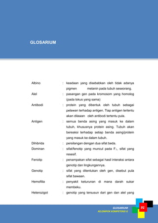 GLOSARIUM
KELOMPOK KOMPETENSI G
91
Albino : keadaan yang disebabkan oleh tidak adanya
pigmen melanin pada tubuh seseorang.
Alel : pasangan gen pada kromosom yang homolog
(pada lokus yang sama)
Antibodi : protein yang dibentuk oleh tubuh sebagai
pelawan terhadap antigen. Tiap antigen tertentu
akan dilawan oleh antibodi tertentu pula.
Antigen : semua benda asing yang masuk ke dalam
tubuh, khususnya protein asing. Tubuh akan
bereaksi terhadap setiap benda asing/protein
yang masuk ke dalam tubuh.
Dihibrida : persilangan dengan dua sifat beda.
Dominan : sifat/fenotip yang muncul pada F1, sifat yang
resesif.
Fenotip : penampakan sifat sebagai hasil interaksi antara
genotip dan lingkungannya.
Genotip : sifat yang ditentukan oleh gen, disebut pula
sifat bawaan.
Hemofilia : penyakit keturunan di mana darah sukar
membeku.
Heterozigot : genotip yang tersusun dari gen dan alel yang
GLOSARIUM
 