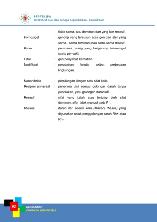 PPPPTK IPA
Direktorat Guru dan Tenaga Kependidikan - Kemdikbud
GLOSARIUM
KELOMPOK KOMPETENSI G
92
tidak sama, satu dominan dan yang lain resesif.
Homozigot : genotip yang tersusun atas gen dan alel yang
sama- sama dominan atau sama-sama resesif.
Karier : pembawa, orang yang bergenotip heterozigot
suatu penyakit.
Letal : gen penyebab kematian.
Modifikasi : perubahan fenotip akibat perbedaan
lingkungan.
Monohibrida : persilangan dengan satu sifat beda.
Resipien universal : penerima dari semua golongan darah tanpa
penolakan, yaitu golongan darah AB.
Resesif : sifat yang kalah atau tertutup oleh sifat
dominan, sifat tidak muncul pada F1.
Rhesus : darah dari sejenis kera (Macaca rhesus) yang
digunakan untuk penggolongan darah Rh+ atau
Rh-.
 