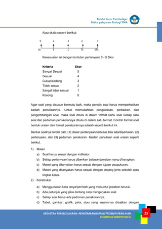 LISTRIK untuk SMA
KEGIATAN PEMBELAJARAN: PENGEMBANGAN INSTRUMEN PENILAIAN
KELOMPOK KOMPETENSI G
Modul Guru Pembelajar
Mata pelajaran Biologi SMA
15
Atau skala seperti berikut:
Kesesuaian isi dengan tuntutan pertanyaan 0 - 5 Skor
Kriteria Skor
Sangat Sesuai 5
Sesuai 4
Cukup/sedang 3
Tidak sesuai 2
Sangat tidak sesuai 1
Kosong 0
Agar soal yang disusun bermutu baik, maka penulis soal harus memperhatikan
kaidah penulisannya. Untuk memudahkan pengelolaan, perbaikan, dan
pengembangan soal, maka soal ditulis di dalam format kartu soal Setiap satu
soal dan pedoman penskorannya ditulis di dalam satu format. Contoh format soal
bentuk uraian dan format penskorannya adalah seperti berikut ini.
Bentuk soalnya terdiri dari: (1) dasar pertanyaan/stimulus bila ada/diperlukan, (2)
pertanyaan, dan (3) pedoman penskoran. Kaidah penulisan soal uraian seperti
berikut.
1) Materi
a) Soal harus sesuai dengan indikator.
b) Setiap pertanyaan harus diberikan batasan jawaban yang diharapkan.
c) Materi yang ditanyakan harus sesuai dengan tujuan peugukuran.
d) Materi yang ditanyakan harus sesuai dengan jenjang jenis sekolah atau
tingkat kelas.
2) Konstruksi
a) Menggunakan kata tanya/perintah yang menuntut jawaban terurai.
b) Ada petunjuk yang jelas tentang cara mengerjakan soal.
c) Setiap soal harus ada pedoman penskorannya.
d) Tabel, gambar, grafik, peta, atau yang sejenisnya disajikan dengan
 