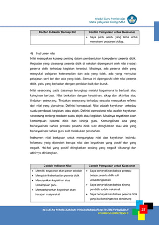 LISTRIK untuk SMA
KEGIATAN PEMBELAJARAN: PENGEMBANGAN INSTRUMEN PENILAIAN
KELOMPOK KOMPETENSI G
Modul Guru Pembelajar
Mata pelajaran Biologi SMA
25
Contoh Indikator Konsep Diri Contoh Pernyataan untuk Kuesioner
• Saya perlu waktu yang lama untuk
memahami pelajaran biologi.
4) Instrumen nilai
Nilai merupakan konsep penting dalam pembentukan kompetensi peserta didik.
Kegiatan yang disenangi peserta didik di sekolah dipengaruhi oleh nilai (value)
peserta didik terhadap kegiatan tersebut. Misalnya, ada peserta didik yang
menyukai pelajaran keterampilan dan ada yang tidak, ada yang menyukai
pelajaran seni tari dan ada yang tidak. Semua ini dipengaruhi oleh nilai peserta
didik, yaitu yang berkaitan dengan penilaian baik dan buruk.
Nilai seseorang pada dasarnya terungkap melalui bagaimana ia berbuat atau
keinginan berbuat. Nilai berkaitan dengan keyakinan, sikap dan aktivitas atau
tindakan seseorang. Tindakan seseorang terhadap sesuatu merupakan refleksi
dari nilai yang dianutnya. Definisi konseptual: Nilai adalah keyakinan terhadap
suatu pendapat, kegiatan, atau objek. Definisi operasional nilai adalah keyakinan
seseorang tentang keadaan suatu objek atau kegiatan. Misalnya keyakinan akan
kemampuan peserta didik dan kinerja guru. Kemungkinan ada yang
berkeyakinan bahwa prestasi peserta didik sulit ditingkatkan atau ada yang
berkeyakinan bahwa guru sulit melakukan perubahan.
Instrumen nilai bertujuan untuk mengungkap nilai dan keyakinan individu.
Informasi yang diperoleh berupa nilai dan keyakinan yang positif dan yang
negatif. Hal-hal yang positif ditingkatkan sedang yang negatif dikurangi dan
akhirnya dihilangkan.
Contoh Indikator Nilai Contoh Pernyataan untuk Kuesioner
• Memiliki keyakinan akan peran sekolah
• Menyakini keberhasilan peserta didik
• Menunjukkan keyakinan atas
kemampuan guru.
• Mempertahankan keyakinan akan
harapan masyarakat
• Saya berkeyakinan bahwa prestasi
belajar peserta didik sulit
untukditingkatkan.
• Saya berkeyakinan bahwa kinerja
pendidik sudah maksimal.
• Saya berkeyakinan bahwa peserta didik
yang ikut bimbingan tes cenderung
 