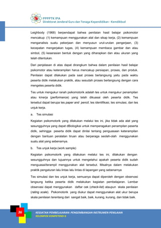 PPPPTK IPA
Direktorat Jenderal Guru dan Tenaga Kependidikan - Kemdikbud
KEGIATAN PEMBELAJARAN: PENGEMBANGAN INSTRUMEN PENILAIAN
KELOMPOK KOMPETENSI G
36
Leighbody (1968) berpendapat bahwa penilaian hasil belajar psikomotor
mencakup: (1) kemampuan menggunakan alat dan sikap kerja, (2) kemampuan
menganalisis suatu pekerjaan dan menyusun urut-urutan pengerjaan, (3)
kecepatan mengerjakan tugas, (4) kemampuan membaca gambar dan atau
simbol, (5) keserasian bentuk dengan yang diharapkan dan atau ukuran yang
telah ditentukan.
Dari penjelasan di atas dapat dirangkum bahwa dalam penilaian hasil belajar
psikomotor atau keterampilan harus mencakup persiapan, proses, dan produk.
Penilaian dapat dilakukan pada saat proses berlangsung yaitu pada waktu
peserta didik melakukan praktik, atau sesudah proses berlangsung dengan cara
mengetes peserta didik.
Tes untuk mengukur ranah psikomotorik adalah tes untuk mengukur penampilan
atau kinerja (performance) yang telah dikuasai oleh peserta didik. Tes
tersebut dapat berupa tes paper and pencil, tes identifikasi, tes simulasi, dan tes
unjuk kerja.
a. Tes simulasi
Kegiatan psikomotorik yang dilakukan melalui tes ini, jika tidak ada alat yang
sesungguhnya yang dapat dBiologikai untuk memperagakan penampilan peserta
didik, sehingga peserta didik dapat dinilai tentang penguasaan keterampilan
dengan bantuan peralatan tiruan atau berperaga seolah-olah menggunakan
suatu alat yang sebenarnya.
b. Tes unjuk kerja (work sample)
Kegiatan psikomotorik yang dilakukan melalui tes ini, dilakukan dengan
sesungguhnya dan tujuannya untuk mengetahui apakah peserta didik sudah
menguasai/terampil menggunakan alat tersebut. Misalnya dalam melakukan
praktik pengaturan lalu lintas lalu lintas di lapangan yang sebenarnya
Tes simulasi dan tes unjuk kerja, semuanya dapat diperoleh dengan observasi
langsung ketika peserta didik melakukan kegiatan pembelajaran. Lembar
observasi dapat menggunakan daftar cek (check-list) ataupun skala penilaian
(rating scale). Psikomotorik yang diukur dapat menggunakan alat ukur berupa
skala penilaian terentang dari sangat baik, baik, kurang, kurang, dan tidak baik.
 