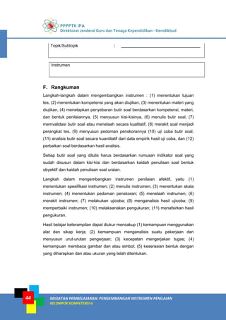 PPPPTK IPA
Direktorat Jenderal Guru dan Tenaga Kependidikan - Kemdikbud
KEGIATAN PEMBELAJARAN: PENGEMBANGAN INSTRUMEN PENILAIAN
KELOMPOK KOMPETENSI G
44
Topik/Subtopik : __________________________________
F. Rangkuman
Langkah-langkah dalam mengembangkan instrumen : (1) menentukan tujuan
tes, (2) menentukan kompetensi yang akan diujikan, (3) menentukan materi yang
diujikan, (4) menetapkan penyebaran butir soal berdasarkan kompetensi, materi,
dan bentuk penilaiannya, (5) menyusun kisi-kisinya, (6) menulis butir soal, (7)
memvalidasi butir soal atau menelaah secara kualitatif, (8) merakit soal menjadi
perangkat tes, (9) menyusun pedoman penskorannya (10) uji coba butir soal,
(11) analisis butir soal secara kuantitatif dari data empirik hasil uji coba, dan (12)
perbaikan soal berdasarkan hasil analisis.
Setiap butir soal yang ditulis harus berdasarkan rumusan indikator soal yang
sudah disusun dalam kisi-kisi dan berdasarkan kaidah penulisan soal bentuk
obyektif dan kaidah penulisan soal uraian.
Langkah dalam mengembangkan instrumen penilaian afektif, yaitu (1)
menentukan spesifikasi instrumen; (2) menulis instrumen; (3) menentukan skala
instrumen; (4) menentukan pedoman penskoran; (5) menelaah instrumen; (6)
merakit instrumen; (7) melakukan ujicoba; (8) menganalisis hasil ujicoba; (9)
memperbaiki instrumen; (10) melaksanakan pengukuran; (11) menafsirkan hasil
pengukuran.
Hasil belajar keterampilan dapat diukur mencakup (1) kemampuan menggunakan
alat dan sikap kerja; (2) kemampuan menganalisis suatu pekerjaan dan
menyusun urut-urutan pengerjaan; (3) kecepatan mengerjakan tugas; (4)
kemampuan membaca gambar dan atau simbol; (5) keserasian bentuk dengan
yang diharapkan dan atau ukuran yang telah ditentukan.
Instrumen
 
