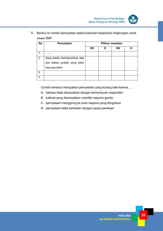 LISTRIK untuk SMP
EVALUASI
KELOMPOK KOMPETENSI G
Modul Guru Pembelajar
Mata Pelajaran Biologi SMA
55
9. Berikut ini contoh pernyataan pada kuesioner kepedulian lingkungan untuk
siswa SMP.
No Pernyataan Pilihan Jawaban
SS S KS S
1. ........
2. Saya selalu membersihkan alat
dan bahan praktik yang telah
saya gunakan
3.
4.
Contoh tersebut merupakan pernyataan yang kurang baik karena ....
A. bahasa tidak disesuaikan dengan kemampuan responden
B. kalimat yang disampaikan memiliki respons ganda
C. pernyataan menggiring ke arah respons yang diinginkan
D. pernyataan tidak berkaitan dengan tujuan penilaian
 