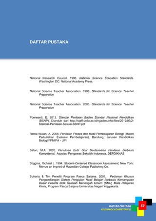 DAFTAR PUSTAKA
KELOMPOK KOMPETENSI G
59
National Research Council. 1996. National Science Education Standards.
Washington DC: National Academy Press.
National Science Teacher Association. 1998. Standards for Science Teacher
Preparation
National Science Teacher Association. 2003. Standards for Science Teacher
Preparation
Poerwanti, E. 2012. Standar Penilaian Badan Standar Nasional Pendidikan
(BSNP). Diunduh dari http://staff.unila.ac.id/ngadimunhd/files/2012/03/2-
Standar-Penilaian-Sesuai-BSNP.pdf
Ratna Wulan, A. 2008. Penilaian Proses dan Hasil Pembelajaran Biologi (Materi
Perkuliahan Evaluasi Pembelajaran), Bandung, Jurusan Pendidikan
Biologi FPMIPA - UPI
Safari, M.A. 2005. Penulisan Butir Soal Berdasarkan Penilaian Berbasis
Kompetensi, Asosiasi Pengawas Sekolah Indonesia, DEPDIKNAS
Stiggins, Richard J. 1994. Student-Centered Classroom Assessment, New York:
Merrue an Imprint of Macmillan College Publishing Co.
Suharto & Tim Peneliti Program Pasca Sarjana. 2001. Pedoman Khusus
Pengembangan Sistem Pengujian Hasil Belajar Berbasis Kemampuan
Dasar Peserta didik Sekolah Menengah Umum (SMU) Mata Pelajaran
Kimia, Program Pasca Sarjana Universitas Negeri Yogyakarta.
DAFTAR PUSTAKA
 