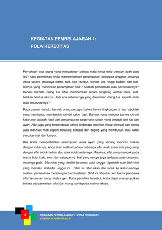 KEGIATAN PEMBELAJARAN 1: POLA HEREDITAS
KELOMPOK KOMPETENSI G
6
Pernahkah ada orang yang mengatakan bahwa mata Anda mirip dengan ayah atau
ibu? Atau pernahkan Anda memperhatikan penampakan beberapa anggota keluarga
Anda seperti misalnya warna kulit, tipe rambut, bentuk alis, tinggi badan, dan lain-
lainnya yang mencirikan penampakan fisik? Adakah persamaan atau perbedaannya?
Secara harfiah, orang tua tidak memberikan secara langsung warna mata, kulit,
bahkan bentuk alisnya. Jadi apa sebenarnya yang diwariskan orang tua kepada anak
atau keturunannya?
Pada zaman dahulu, banyak orang percaya bahwa hanya lingkungan di luar tubuhlah
yang membantu membentuk ciri-ciri calon bayi. Banyak yang mengira bahwa ciri-ciri
keturunan adalah hasil dari pencampuran sederhana cairan yang berasal dari ibu dan
ayah. Ada juga yang berpendapat bahwa beberapa makhluk hidup berasal dari benda
atau makhluk mati seperti belatung berasal dari daging yang membusuk atau katak
yang berasal dari lumpur.
Bila Anda memperhatikan sekumpulan anak ayam yang sedang mencari makan
dengan induknya, Anda akan melihat bahwa beberapa sifat anak ayam ada yang mirip
dengan sifat induk betina, dan atau induk jantannya. Misalnya, sifat yang nampak pada
warna bulu, kaki, ekor, dan sebagainya. Hal yang serupa juga terdapat pada tanaman,
misalnya padi. Sifat-sifat yang dimiliki tanaman padi unggul diperoleh dari bibit-bibit
yang memiliki sifat-sifat unggul ini. Sifat ini diturunkan dari induk ke keturunannya
melalui perkawinan /persilangan /pembastaran. Sifat ini dibentuk oleh faktor pembawa
sifat keturunan yang disebut gen. Pada peristiwa tersebut, Anda dapat menyimpulkan
bahwa ada pewarisan sifat dari orang tua kepada anak-anaknya.
KEGIATAN PEMBELAJARAN 1:
POLA HEREDITAS
 