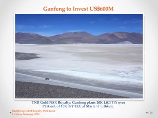 Ganfeng to Invest US$600M
TNR Gold NSR Royalty: Ganfeng plans 20K LiCl T/Y over
PEA est. of 10K T/Y LCE at Mariana Lithium...